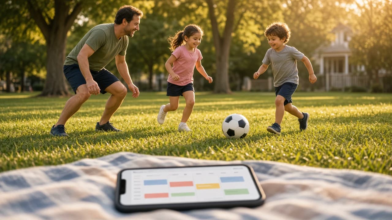 Parent playing soccer outdoors with two children while a phone showing a weekly calendar sits in the foreground.