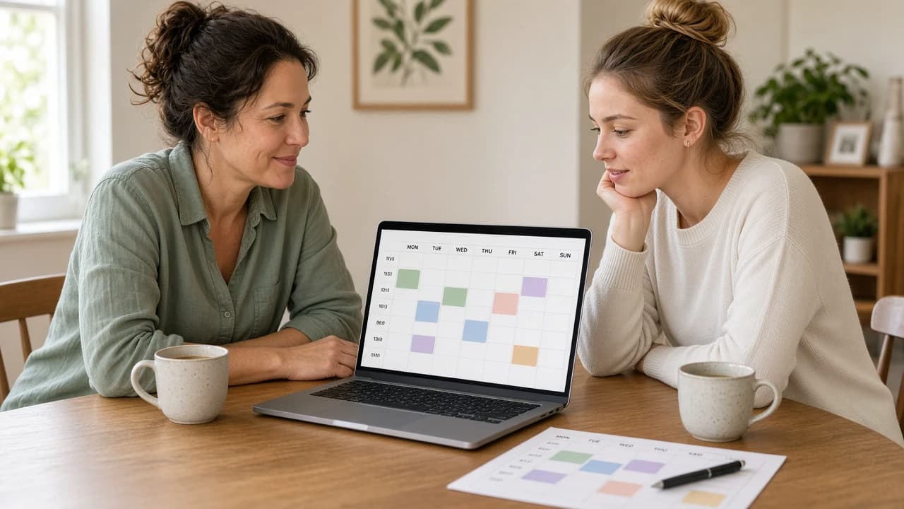 Parent and caregiver reviewing a simple weekly family schedule together on a laptop.