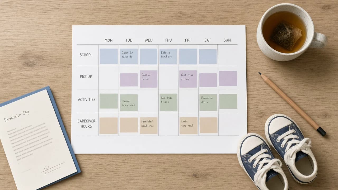Overhead view of a weekly family planner with school, pickup, activity, and caregiver-hour blocks.