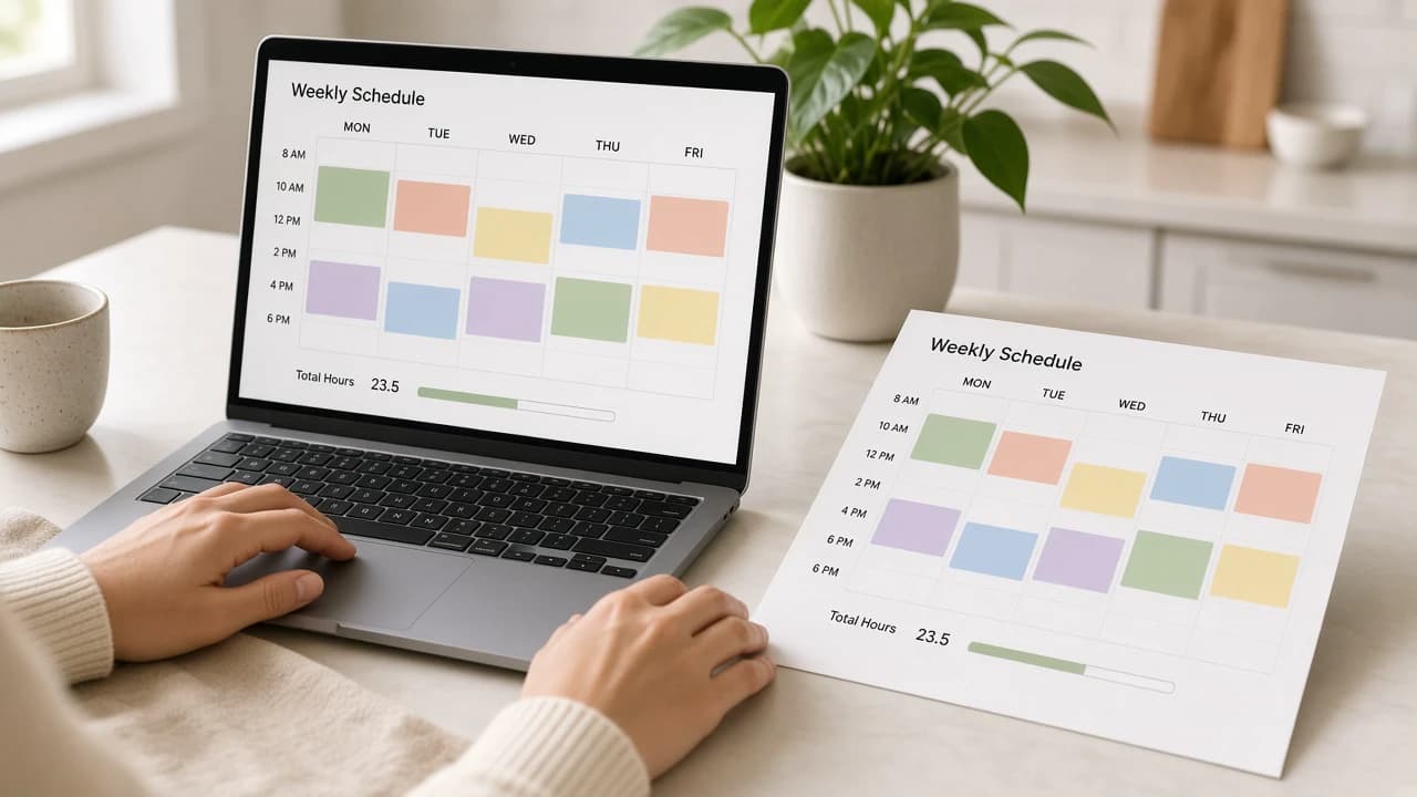 Weekly schedule on a laptop and printed planner showing caregiver hour blocks and a hours total.