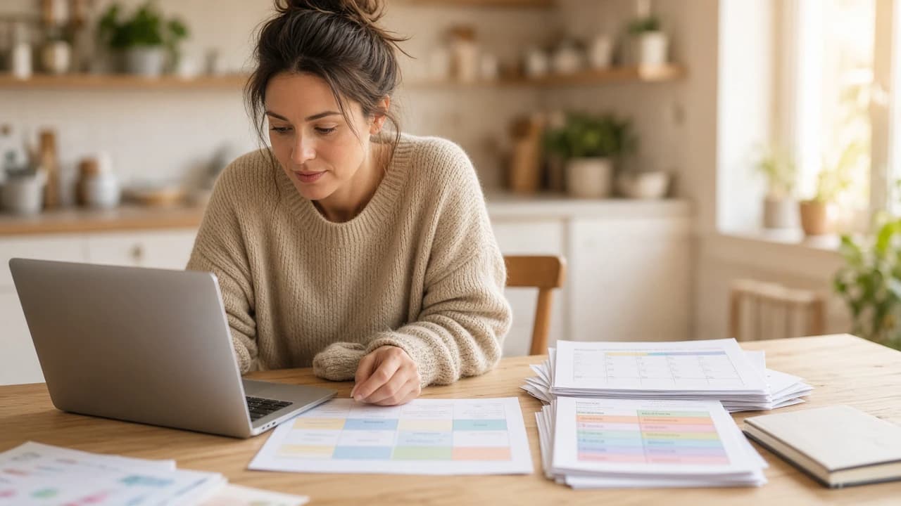Parent reviewing a weekly childcare calendar beside school and activity schedules on a kitchen table.