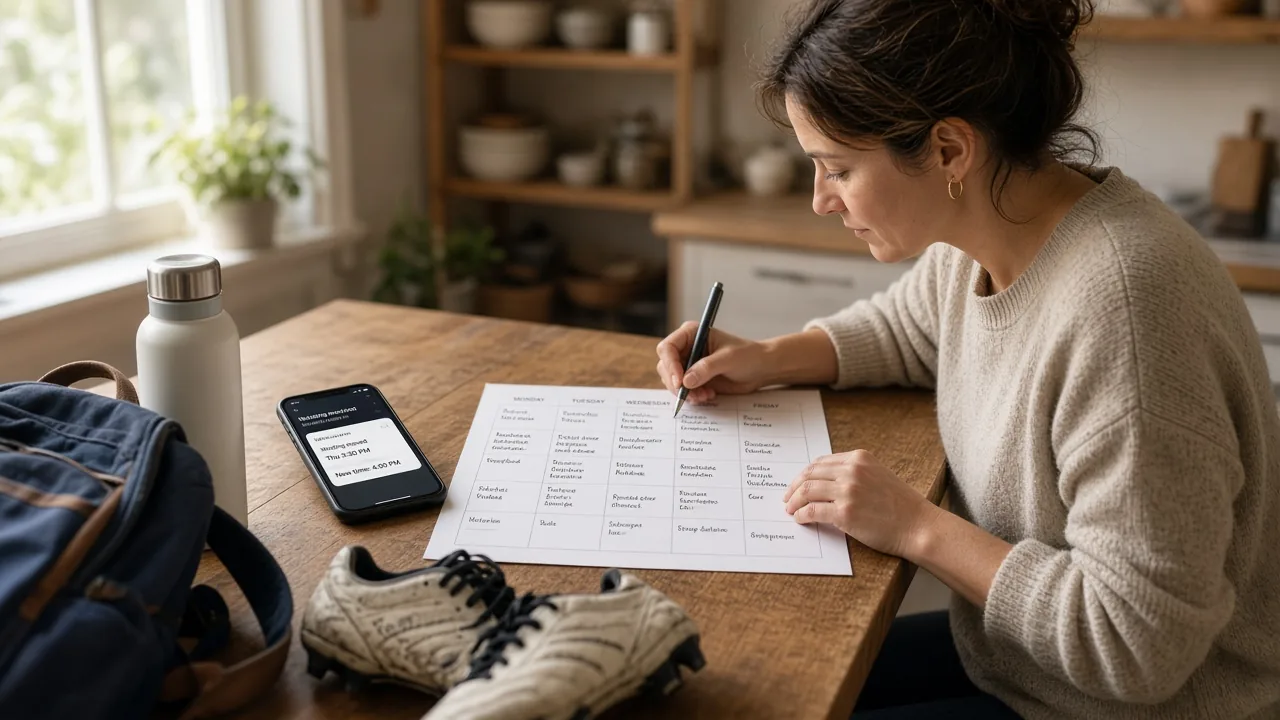 Parent reviewing a weekly family calendar at a kitchen table after a last-minute work-schedule change.